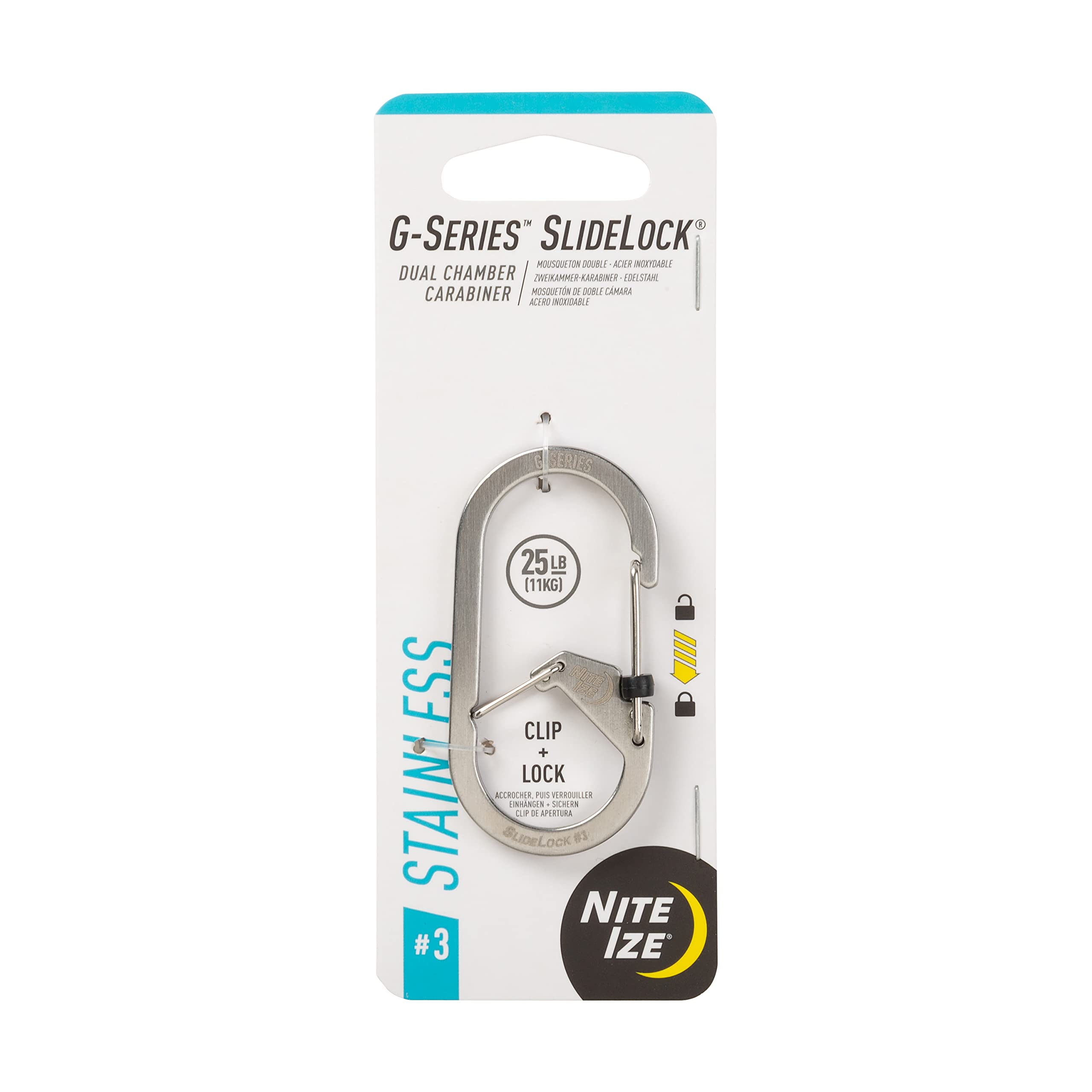 Nite Ize G-Series SlideLock #3 Dual Chamber Carabiner, Dual Security Carabiner Keychain, Stainless Steel