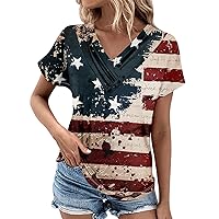 4th of July Tops for Women Plus Size V-Neck Short Sleeve Summer Tops Independence Day Print Comfy Womens T-Shirts