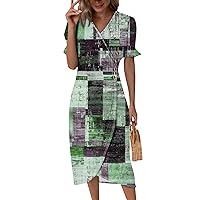 Casual Dress,Plaid Wrap Pencil Dress for Women Summer Short Sleeve Button Side Midi Dress Trendy Short Sleeve Going Out Dress