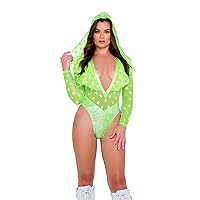 womens Mesh With Stars Print Two-tone Hooded Romper for Rave/FestivalSwimwear Cover Up