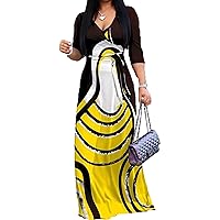 vunahzma Maxi Dress for Women Casual Sundress V-Neck 3/4 Sleeve Plus Size