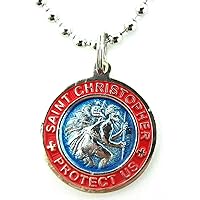 St. Christopher Surf Medal Necklace Pendant, Protector of Travel am-fu Aquamarine-Fuchsia Small