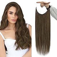 Fshine Human Hair Extensions Wire Hair Almond Brown 20 Inch 125g Natural Hair Extensions Straight Invisible Hair Extensions with Transparent Fish Line Hairpiece