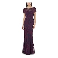 Womens Burgundy Soutache Embroidery Short Sleeve Illusion Neckline Full-Length Evening Mermaid Dress 4, Red