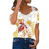 Women Flower Printing T Shirt Sexy Casual Summer Tops Off Shoulder Shirts Patchwork Lace V Neck Tunic Dressy Blouse