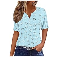 Womens Summer Tops Vacation Trendy Casual Eyelet Tops Short Sleeve Shirts Button Up V Neck Loose Fit T Shirts Blouses