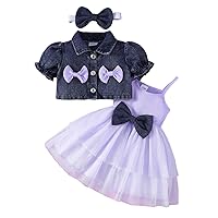 ACSUSS Infant Baby Girls Cami Dress Soft Lining Multi-Layered Princess Dress with Bow Knot Headband Denim Coat