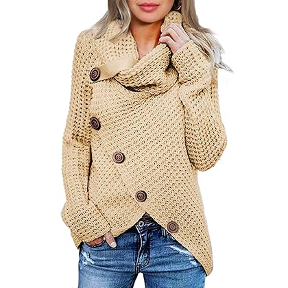 Asvivid Women's 2023 Spring Fashion Turtle Cowl Neck Long Sleeve Wrap Asymmetric Pullover Sweaters