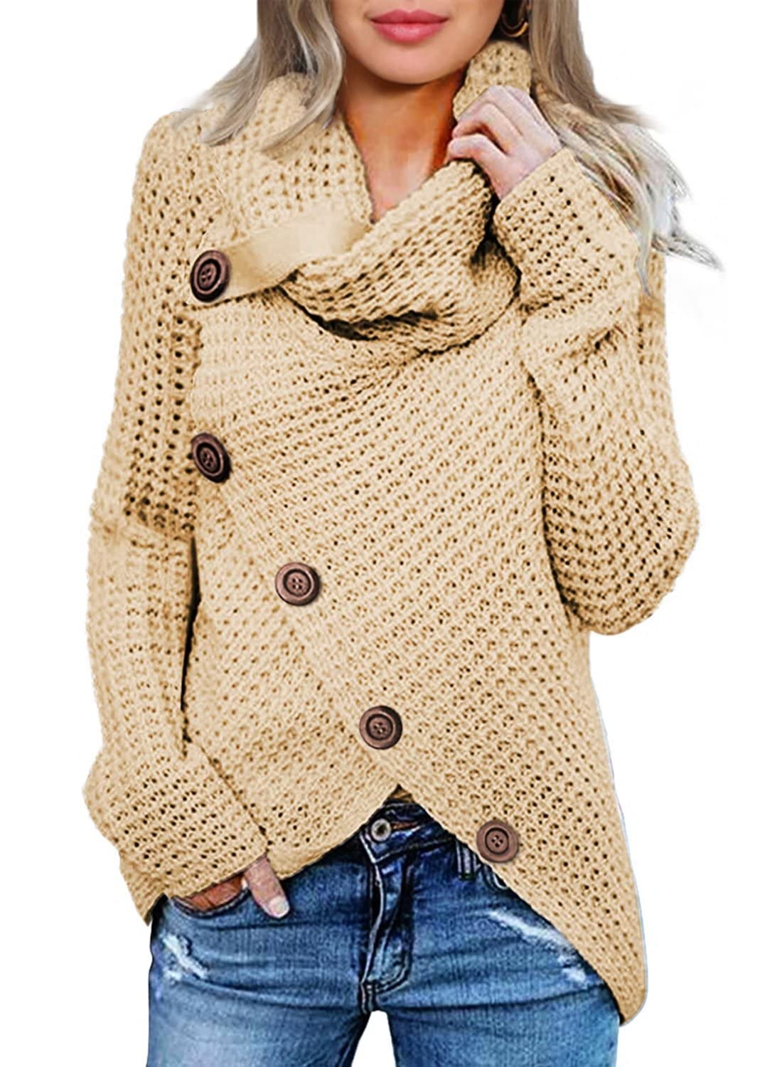 Asvivid Women's 2023 Spring Fashion Turtle Cowl Neck Long Sleeve Wrap Asymmetric Pullover Sweaters
