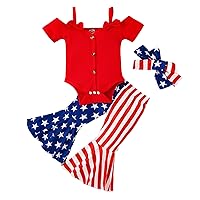 Girl 2t Thanksgiving Summer Toddler Girls Short Sleeve Independence Day Ribbed Bowknot Romper Gift (Red, 12-18 Months)
