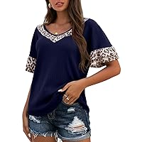 IWOLLENCE Waffle Knit V Neck Leopard T Shirts Short Sleeve Summer Casual Tops for Women Loose Fit