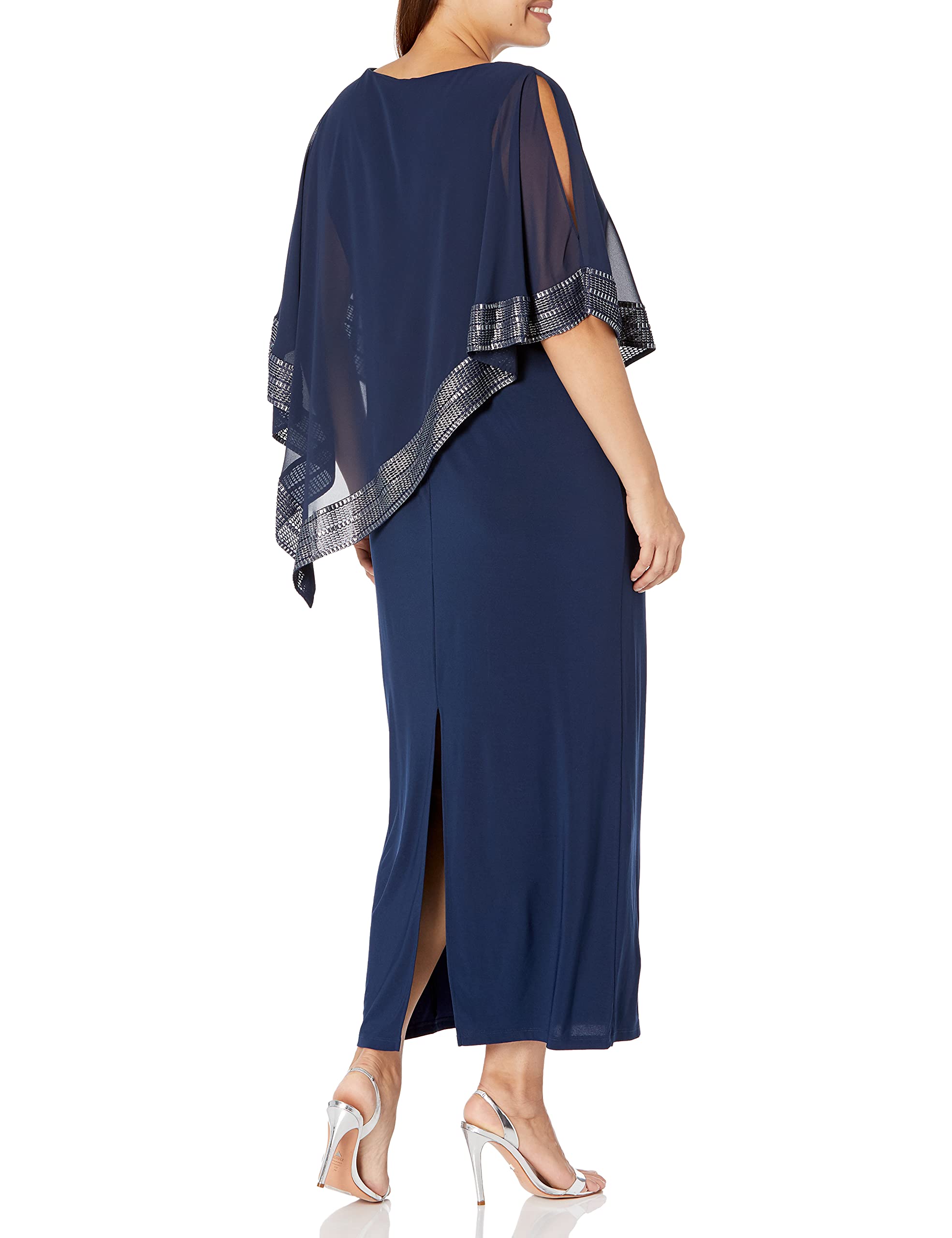 S.L. Fashions Women's Plus Size Long Cold Shoulder Capelet Dress with Metallic Trim