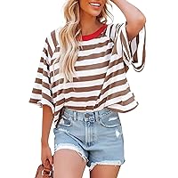 Tops for Women Striped 2024 Summer Trendy T Shirts for Women Color Blocking Design Loose Basic Tee