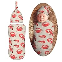 KiuLoam Cute Seafood Red Lobster Crab Newborn Swaddle Set with Matching Hat, Newborn Receiving Blanket Soft Unisex Infant Swaddle Wrap for Baby Boys and Girls