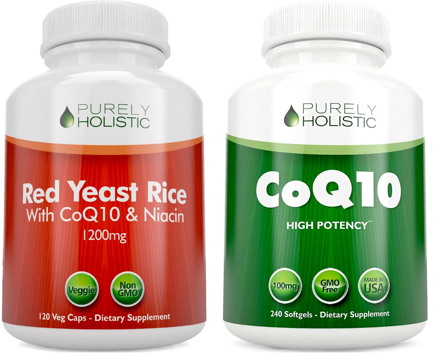 Purely Holistic Red Yeast Rice 1200mg & Niacin + CoQ10 100mg - 120 Capsules & 240 Softgels Bundle - Made in USA