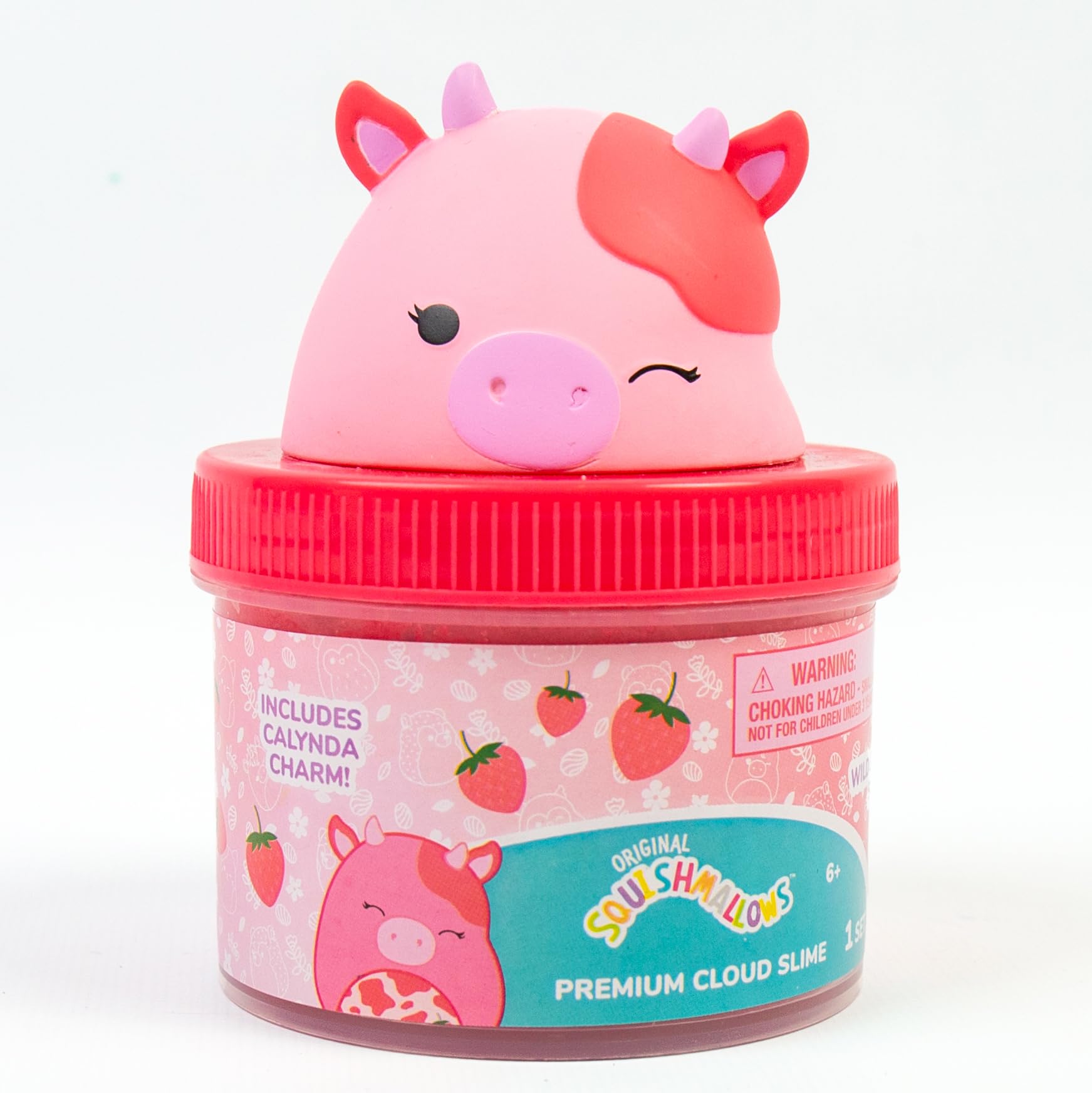 Original Squishmallows Calynda The Cow Premium Cloud Slime, 8 oz. Fluffy Slime, Strawberry Scented, 3 Fun Slime Add Ins, Pre-Made Slime for Kids, Great 6 Year Old Toys, Super Soft Sludge Toy