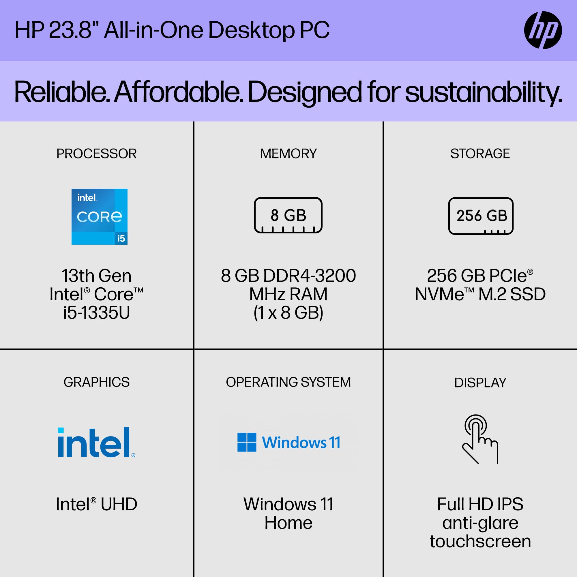 HP 23.8 inch All-in-One Desktop PC, FHD Display, 13th Generation Intel Core i5-1335U, 8 GB RAM, 256 GB SSD, Intel UHD Graphics, Windows 11 Home, 24-cr0070 (2023)