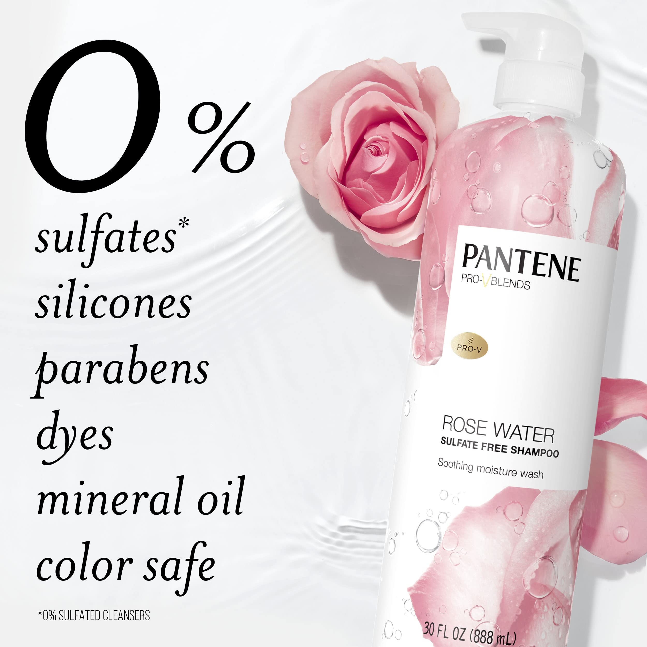 Pantene Sulfate Free Rose Water Shampoo, Soothes, Replenishes Hydration, Safe for Color Treated Hair, Nutrient Infused with Vitamin B5 and Antioxidants, Pro-V Blends, 30.0 oz