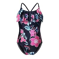 CHICTRY Kids Girls Floral Printed Ruffles Cirss Cross Back One Piece Swimsuit Bathing Suit Beachwear Navy-Blue 8