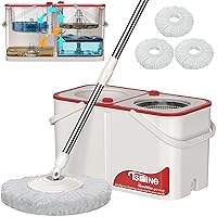 Mop Bucket Separate Dirty Water, Spin Mop Bucket System, 4-Chamber Mop and Bucket with Wringer Set Cleaning Supplies with 3 Microfiber Replacement Head Refill - White