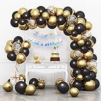 RUBFAC Black and Gold Balloons Garland Arch Kit and Pre-Strung Iridescent Happy Birthday Banner for Birthday, Wedding, Baby Shower, Graduation Decorations