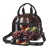 Art Red Wine Galsses & Grapes Print Lunch Bag Reusable Lunch Box Insulated Tote Bag with Adjustable Shoulder Strap for Travel