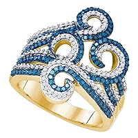 The Diamond Deal 10kt Yellow Gold Womens Round Blue Color Enhanced Diamond Wide Swirl Curl Cocktail Ring 3/4 Cttw