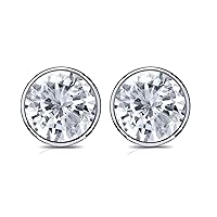 14K White Gold Plated Push Back Round Brilliant Cut Bezel Set Simulated Diamond White CZ Solitaire Stud Earrings For Women