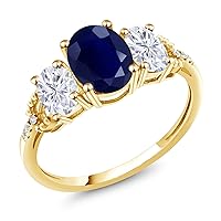 Gem Stone King 10K Yellow Gold Blue Sapphire White Moissanite and Diamond Engagement Ring | 2.84 Cttw | Gemstone Birthstone | 3 Stone Wedding Engagement Anniversary Promise Ring For Women