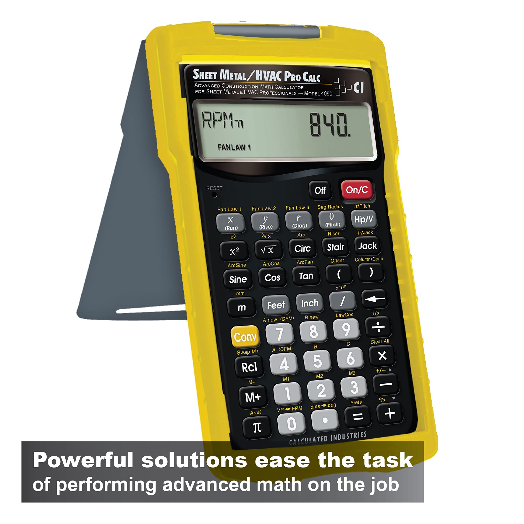 Calculated Industries 4090 Sheet Metal/HVAC Pro Calc Calculator, Advanced Construction-Math for Sheet Metal, HVAC Pros with Fan Law Functions, ArcK Built-in Constant, Laws of Cosines, Offset Functions