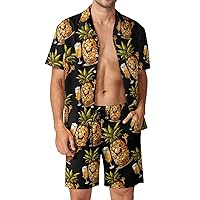 Pineapple Drink Beer Men's 2 Piece Beach Outfits Hawaiian Button Down Short Sleeve Shirt And Shorts Suits