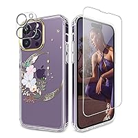 JIAXIUFEN Designed for iPhone 14 Pro Max Case with Screen Protector + Camera Lens Protector Glitter Plated Flower Shockproof Clear Floral Protective Women Girl Phone Cover, Gold Moon