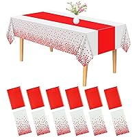 PLULON 12 Pack Plastic Tablecloth and Satin Table Runner Set White and Red Dot Rectangle Table Covers Red Satin Table Runner for Wedding Birthday Baby Shower Christmas Picnic Dinner Table Decorations