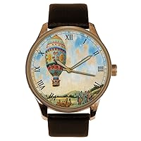 Sky Blue Vintage Montgolfier Brothers French Hot Air Balloon Impressionist Art Solid Brass 40 mm Watch. Ballooning