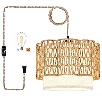 Plug in Pendant Light Rattan Hanging Lights with Plug in Cord,Hanging Lamp with Boho Fabric Woven LampShade,Dimmer Switch Boho Decor Hanging Lamps That Plug Into Wall Outlet Light Fixture