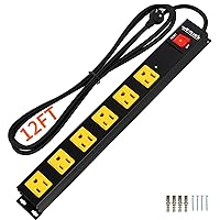 Power Strip 2700J Surge Protector, Heavy Duty Power Strips with 12FT Long Cord and Flat Plug, Wall Mountable Metal 6 Outlet Strip for Desk, Garage, Workbench and Kitchen