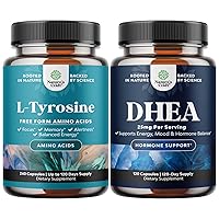 Bundle of Free Form L Tyrosine 500mg Capsules for Energy and Focus Support - for Focus Attention and Cognition and Pure DHEA 25mg for Women and Men for Mood Energy and Immune Support