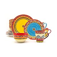 Euro Ceramica EC-GAL-1001 Galicia Collection Andalusian-Inspired 16 Piece Dinnerware Set, Vibrant Assorted Patterns, Multicolor