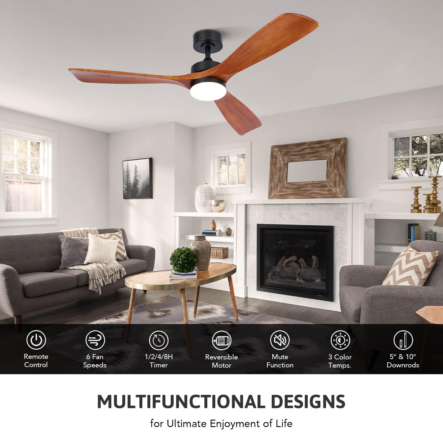 VONLUCE Wood Ceiling Fans with Lights, 52 Inch Outdoor Ceiling Fan with Remote, 6 Speed Reversible Noiseless DC Motor, Modern Ceiling Fan for Indoor Bedroom Farmhouse Patios, Walnut