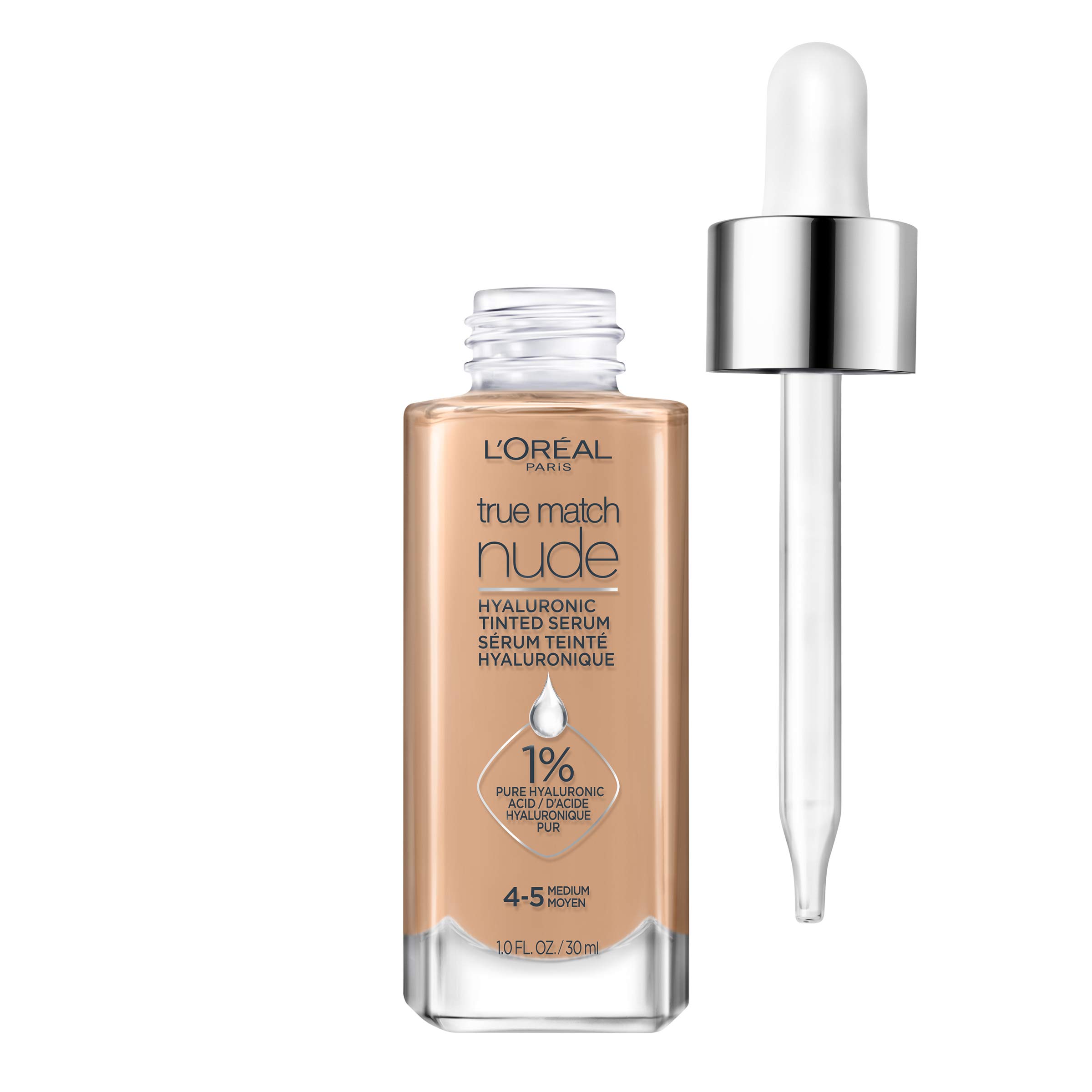 L’Oréal Paris Cosmetics True Match Nude Hyaluronic Tinted Serum The 1st Tinted serum with 1% Hyaluronic acid Instantly skin looks brighter,even&feels hydrated Skincare,Light-Medium 3-4,1 fl. oz.