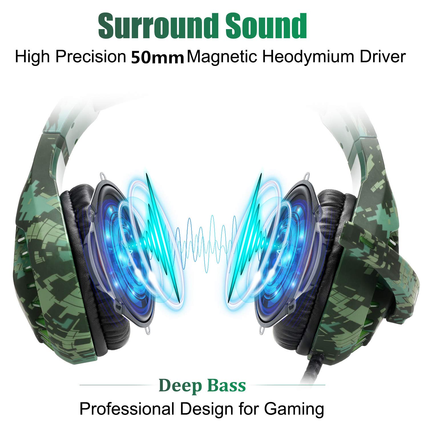 Butfulake Gaming Headset for Nintendo Switch, PS4, Xbox One, PS5 Controller, Laptop, Mac, Noise Cancelling PC Headset with Mic,7.1 Stereo Surround Sound, Cool LED Light,Comfort Earmuff, Camo Green