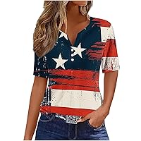 Women's Short Sleeve Tops 4th of July Dressy Henley Shirts Summer Casual Button V Neck Pullover Blouse for Going Out
