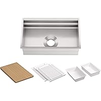 KOHLER Prolific 29 inch Workstation Stainless Steel Single Bowl Kitchen Sink with included Accessories, 10 inches deep, 18 gauge, Undermount installation K-23651-NA