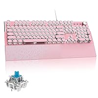 Pink Mechanical Keyboard, Retro Typewriter Keyboard with White LED Backlit USB Wired Keyboards for Gaming and Office, Round Keys Keyboard with Removable Wrist Rest, Multimedia Control for Mac/PC