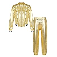 YiZYiF Kids Girls Boys Dance Clothing Sets Hip Hop Jazz Costume Shiny Metallic Bomber Jacket with High Waist Pants Set