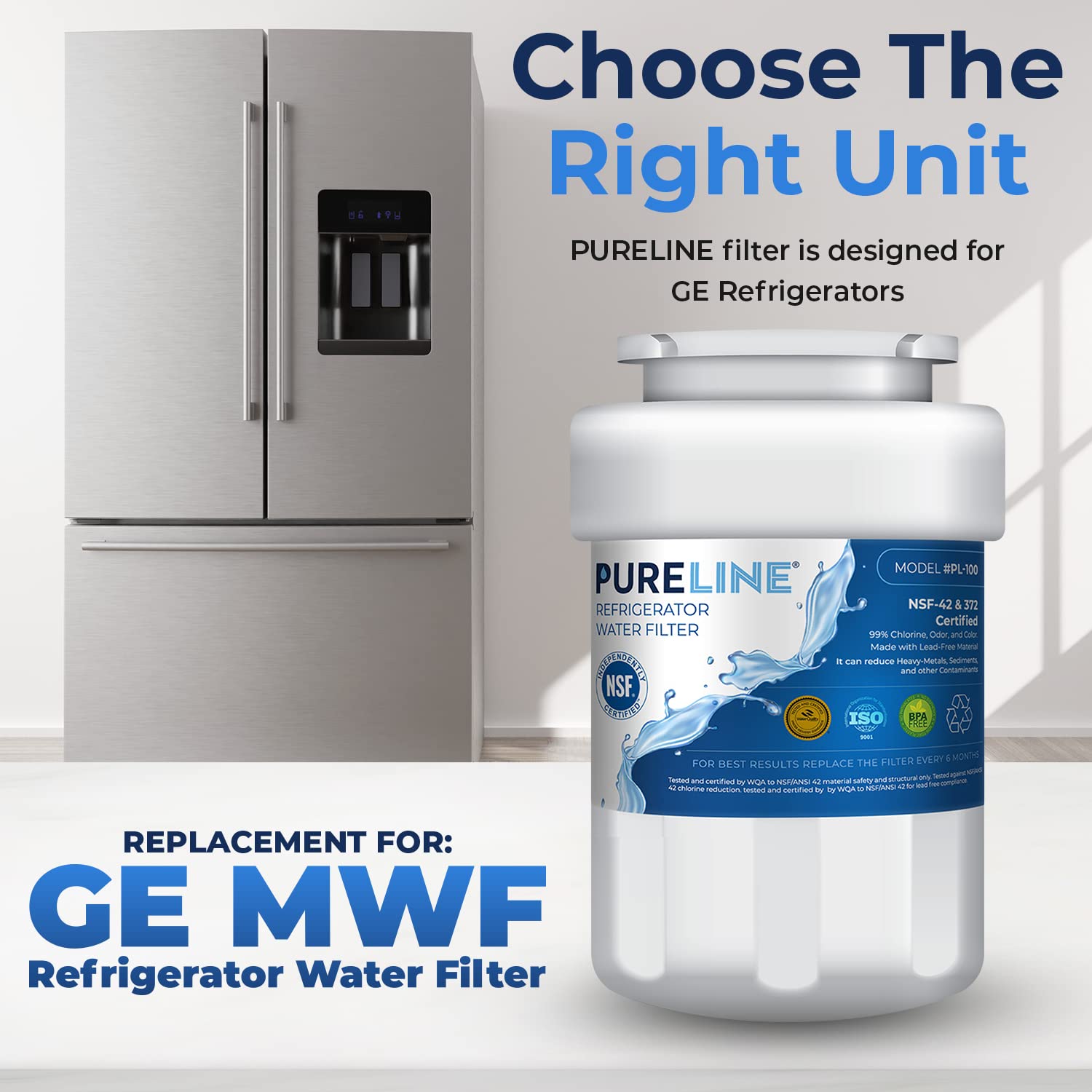 Pureline MWF Water Filter for GE® Refrigerator, Replacement for GE MWF, Smartwater MWFP, Kenmore 46-9991, Models MWFP, MWFINT, GWF, GWFA, Refrigerator Water Filter. NSF Certificate,