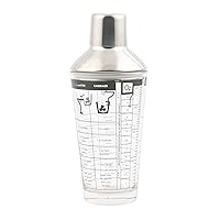 Cambridge Silversmiths Glass Cocktail Shaker Printed with Recipes, Stainless Steel Leak-Proof Lid, 0, SILVER