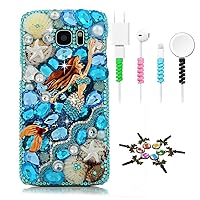 STENES Sparkle Case Compatible with Samsung Galaxy A70 - Stylish - 3D Handmade Bling Mermaid Starfish Design Cover Case with Cable Protector [4 Pack] - Blue
