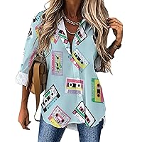 Music Tapes in Retro 80s Style Long Sleeve Casual Shirts for Women Irregular Hem Button Down Tees V Neck Womens Blouse