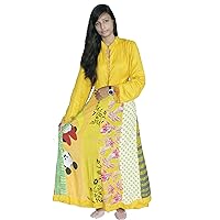 Indian 100% Cotton Yellow Color Dress Women Fashion Long Geometric Print Plus Size